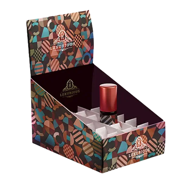 (SBS or E-Flute Corrugated, Custom Inserts) Eye-catching retail presentation ideal for cosmetics, food products, candies, or jewelry displays.