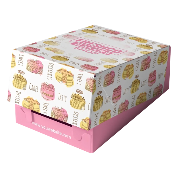 (Food-Grade E-Flute Corrugated, Moisture-Resistant) Simple, hassle-free opening and serving for bakery goods such as pies, tarts, pastries, and flat bakery items.